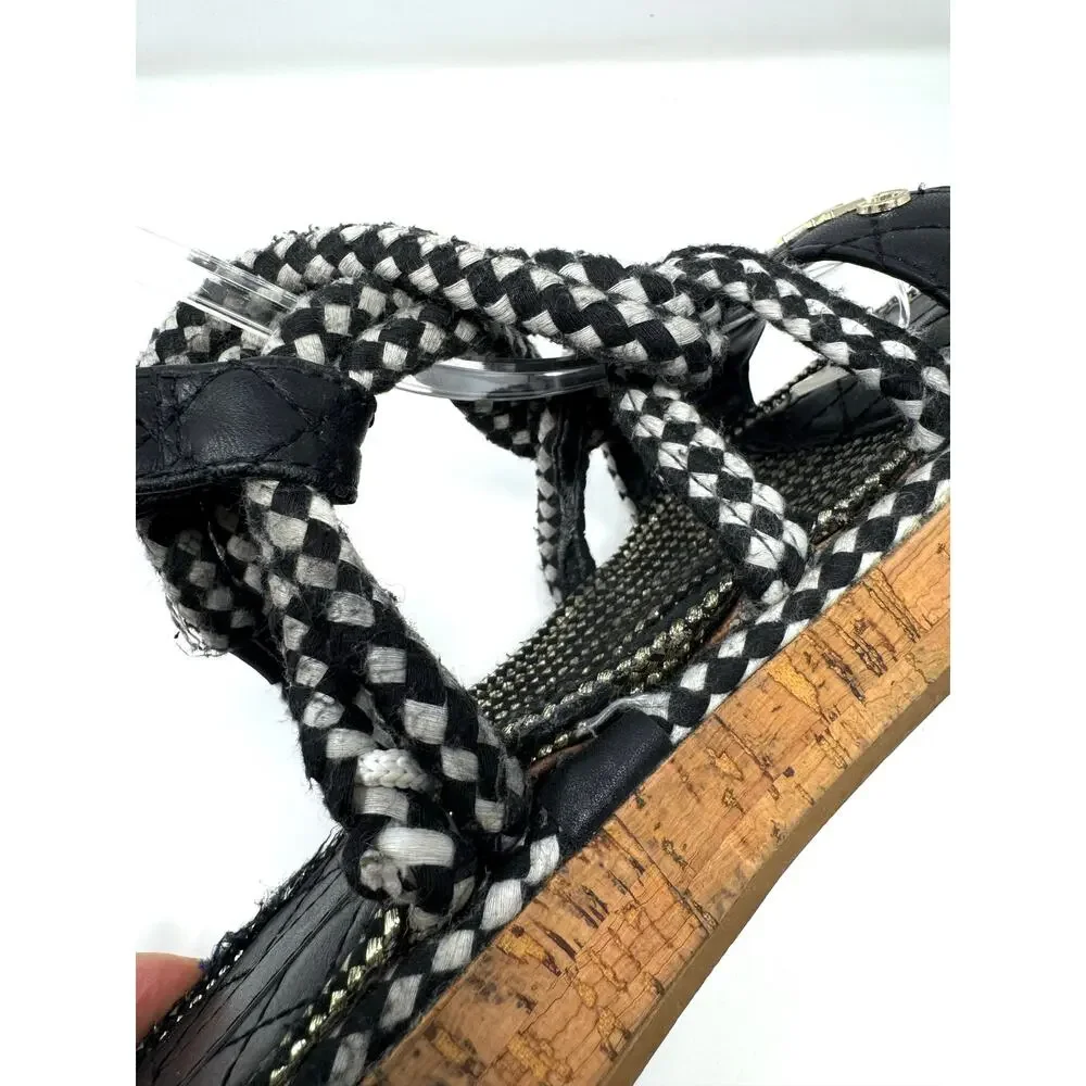 Chanel Cord Sandals Black White Quilted Lambskin Leather CC Logo Flats 6.5